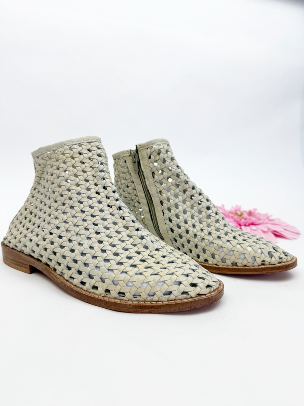 Free People Cayne Woven Leather Bootie Ankle Boots Bone